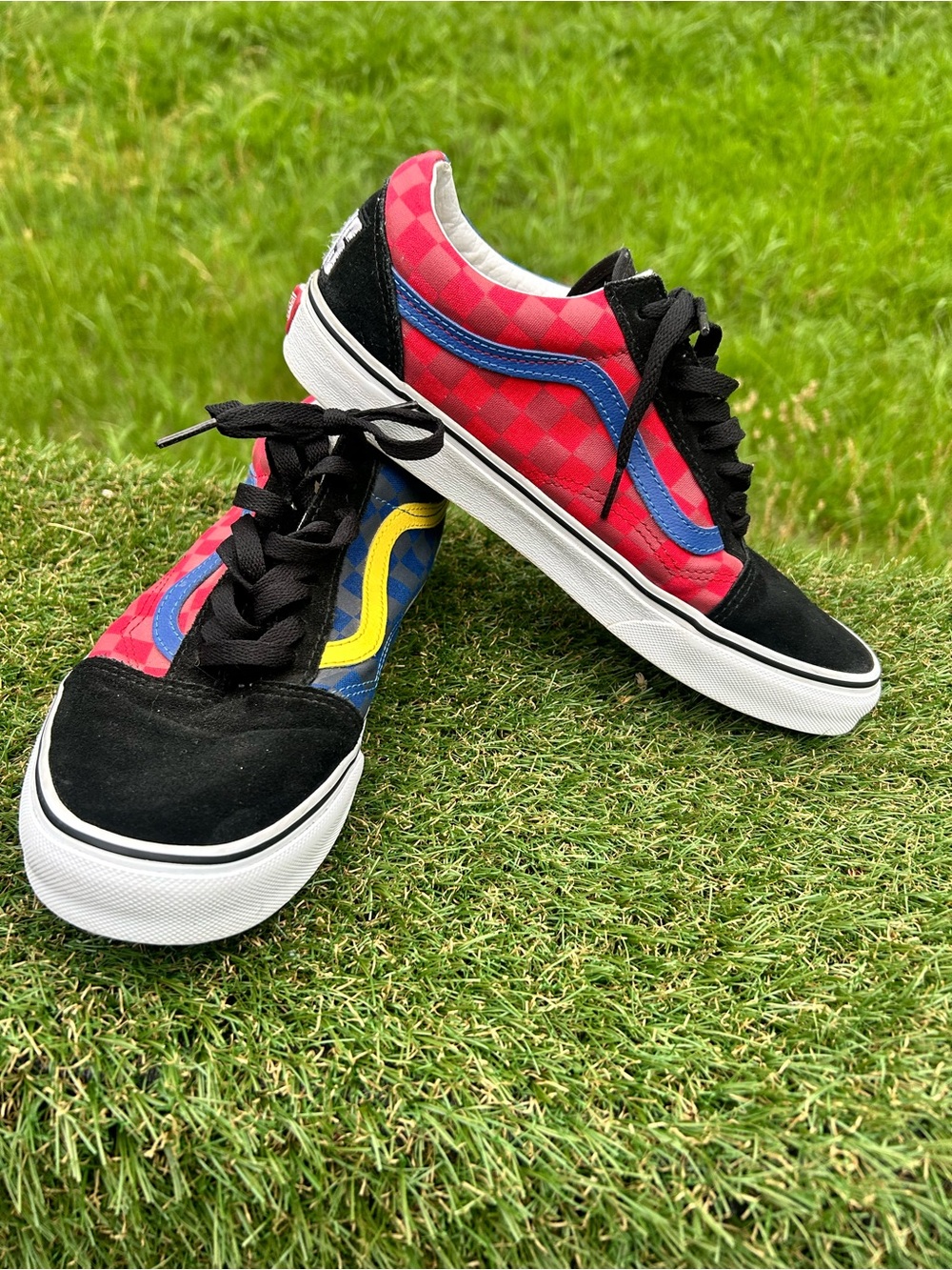 Vans Off The Wall Rally Old Skool Checkerboard Blue Yellow Red , Men 9 1/2
